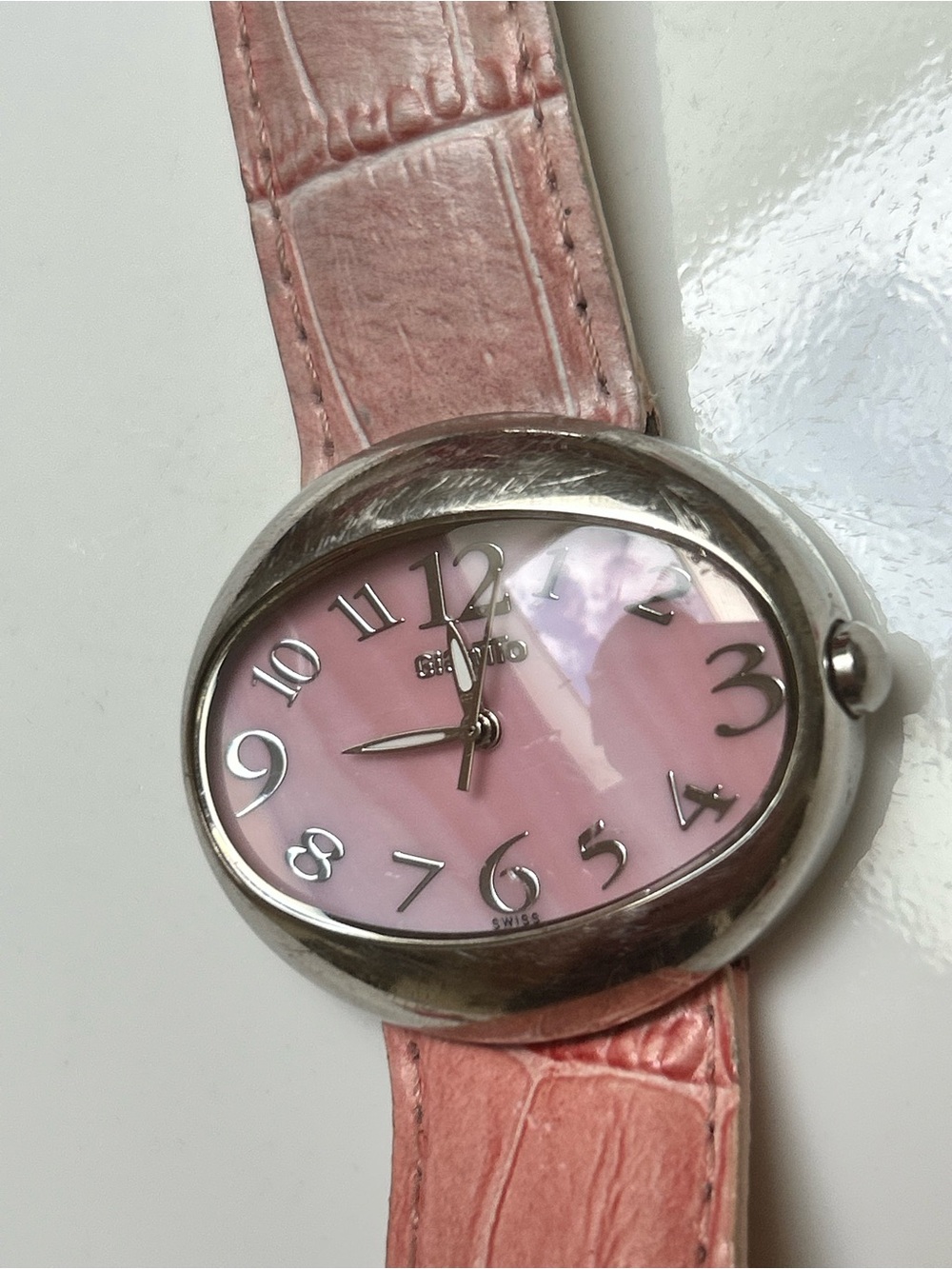 Vintage Pink Oval Dial Wristwatch with Pink Leather Strap